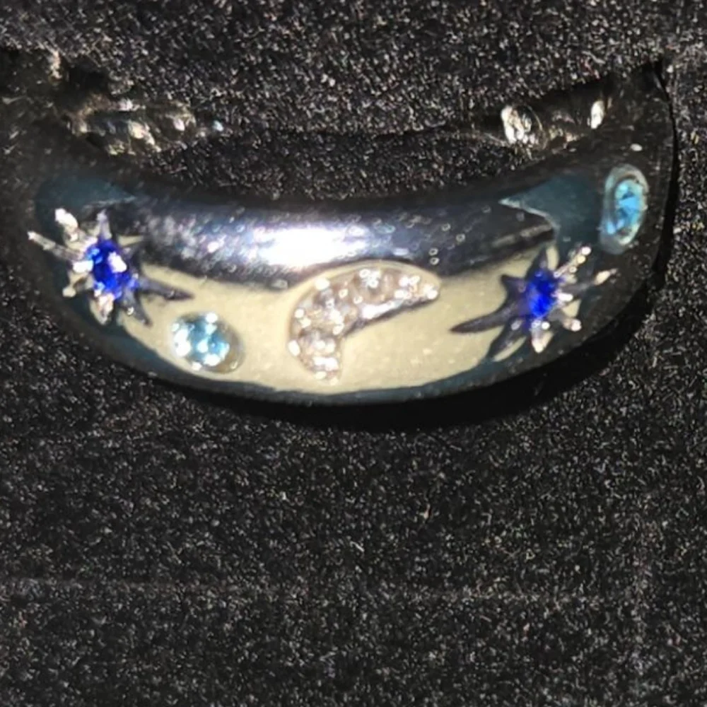 Whimsical Silver and Blue Moon And Stars Ring - Picture 3 of 3